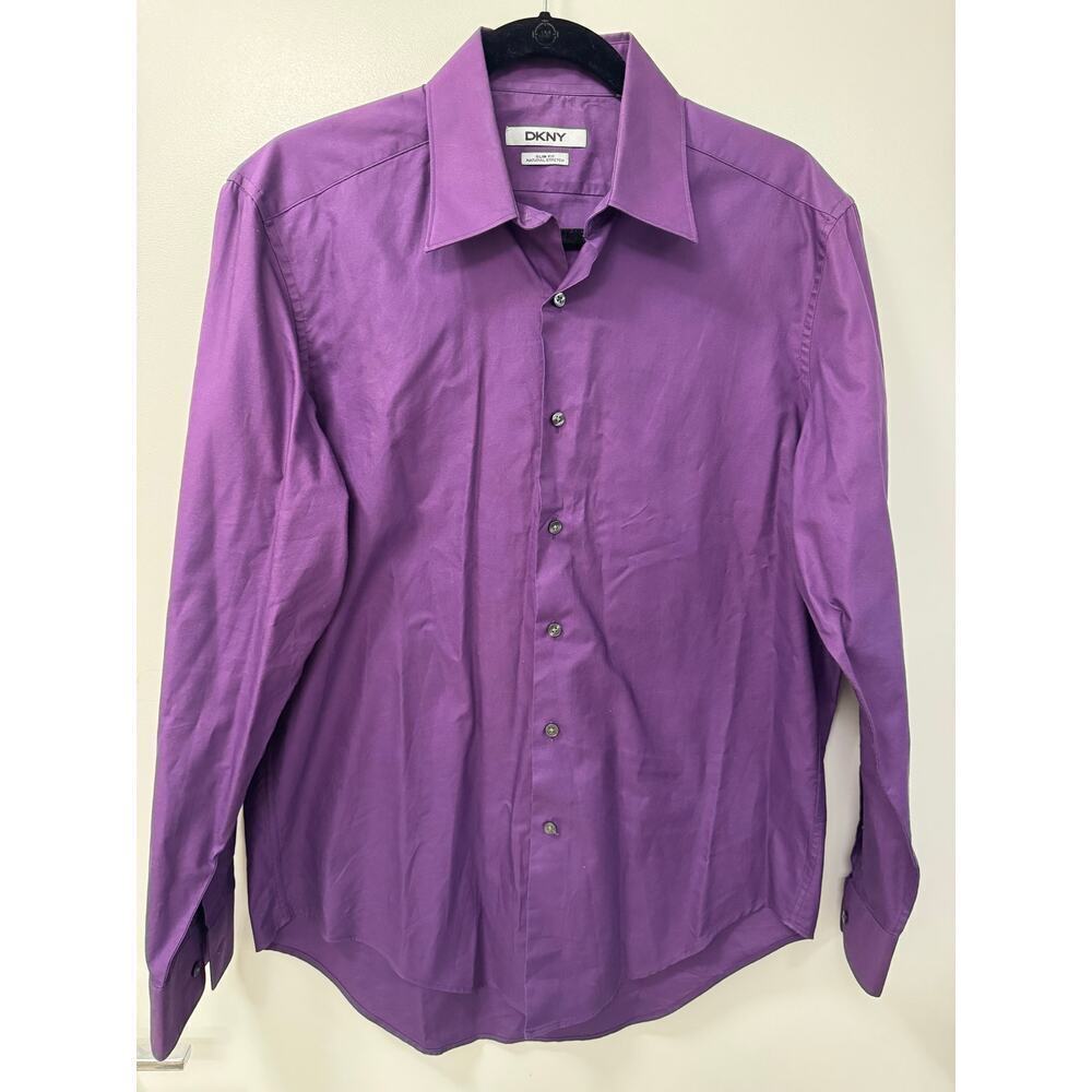 DKNY Dress Shirt Men's 15.5 Purple Cotton Button-Up Business Preppy Slim Stretch